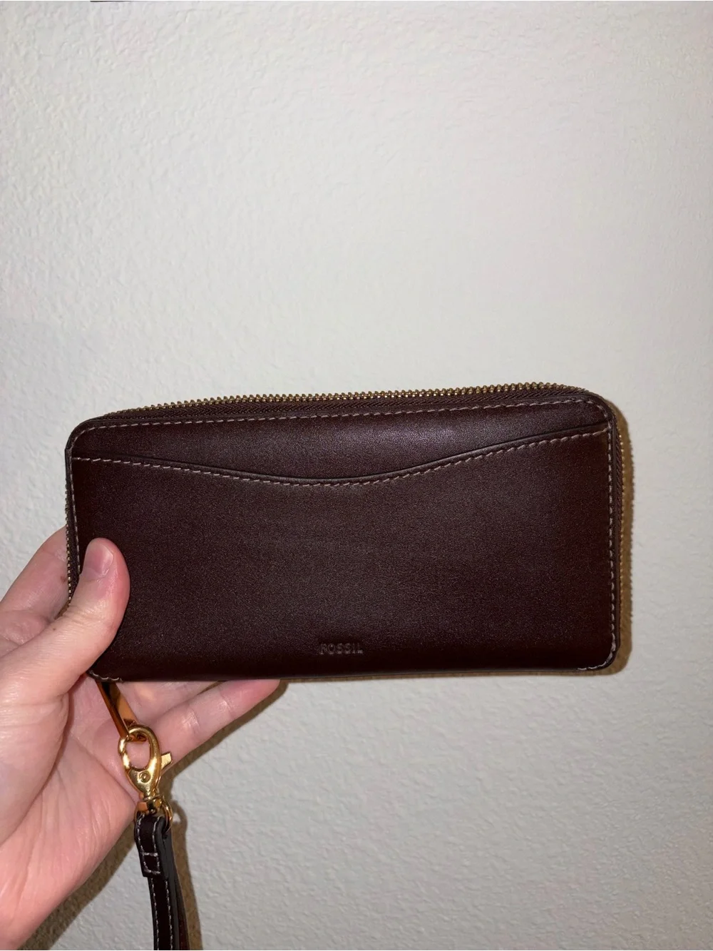 FOSSIL Dark Brown Leather Zip Wallet with Gold Hardware